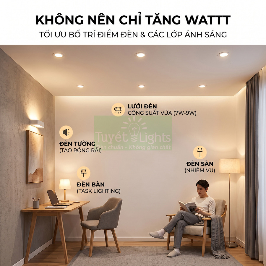 Phòng khách làm việc với hệ thống đèn Tuyết Lights gồm đèn trần, đèn tường, đèn bàn và đèn sàn tối ưu chiếu sáng