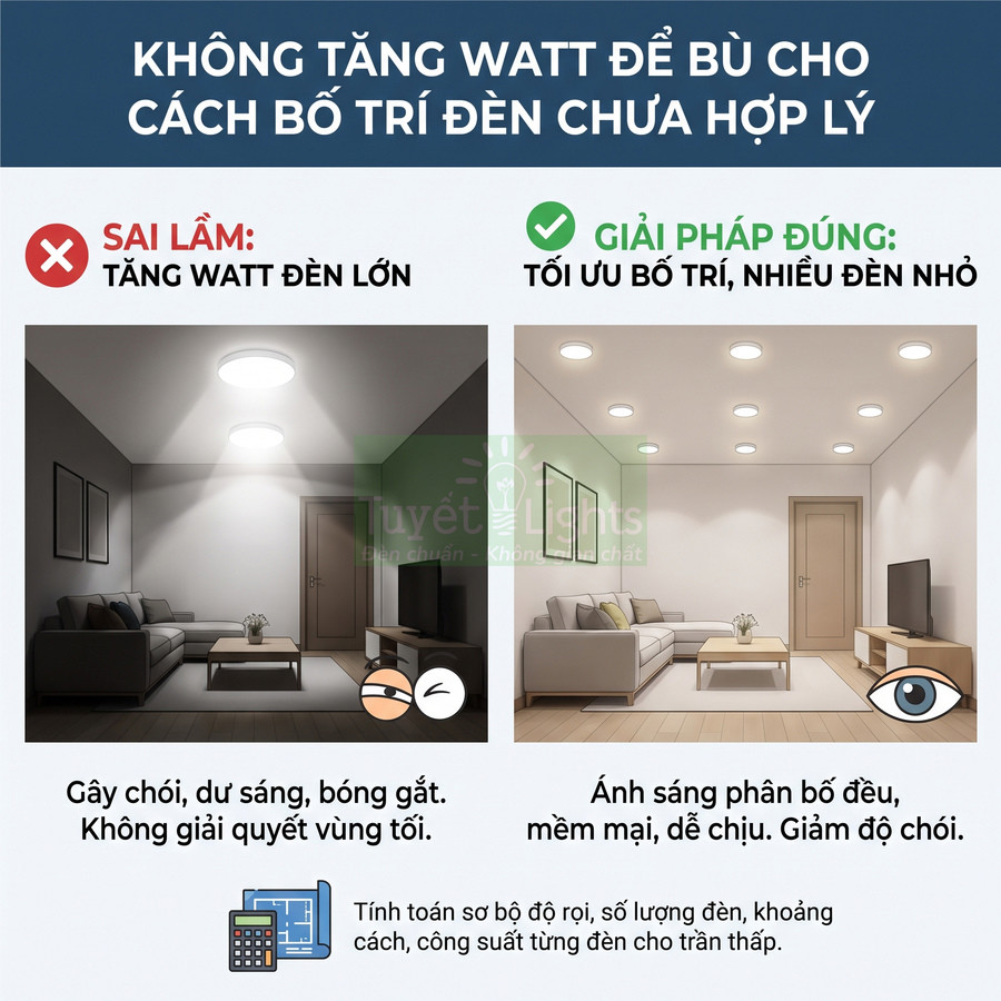 So sánh phòng khách dùng một đèn trần công suất lớn với nhiều đèn âm trần nhỏ ánh sáng phân bố đều