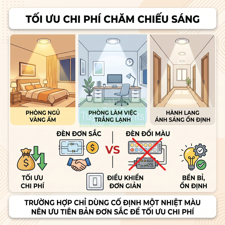 Infographic so sánh đèn LED đơn sắc và đèn đổi màu để tối ưu chi phí chiếu sáng phòng ngủ, phòng làm việc, hành lang