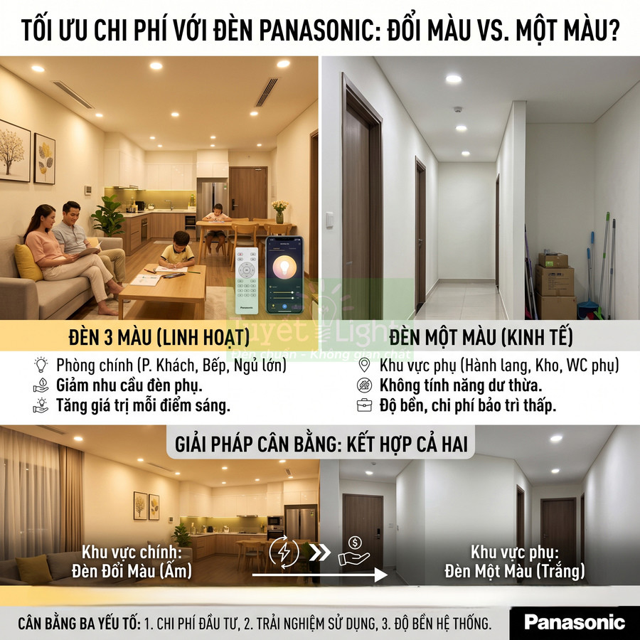 Đèn LED Panasonic đổi màu và một màu lắp cho phòng khách, bếp và hành lang trong căn hộ hiện đại