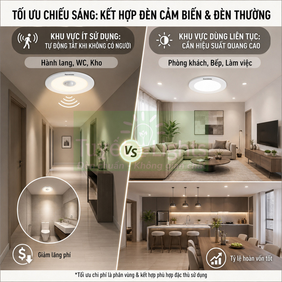 Đèn trần Panasonic cảm biến và đèn thường tối ưu chiếu sáng cho hành lang, phòng khách, bếp và nhà vệ sinh