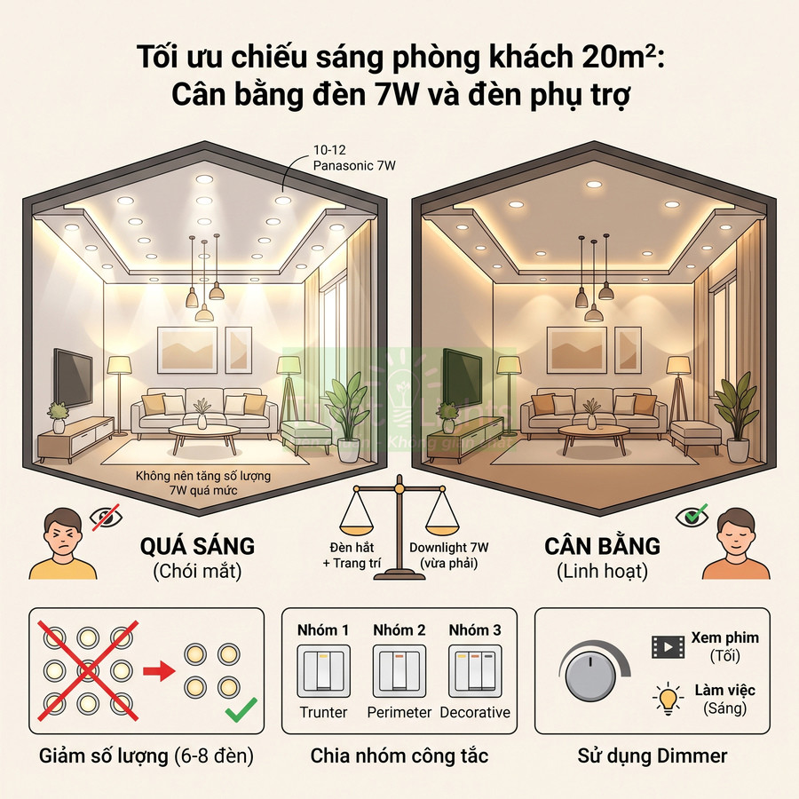 Minh họa phòng khách 20m2 dùng đèn downlight Panasonic 7W kết hợp đèn trang trí và dimmer để chiếu sáng cân bằng