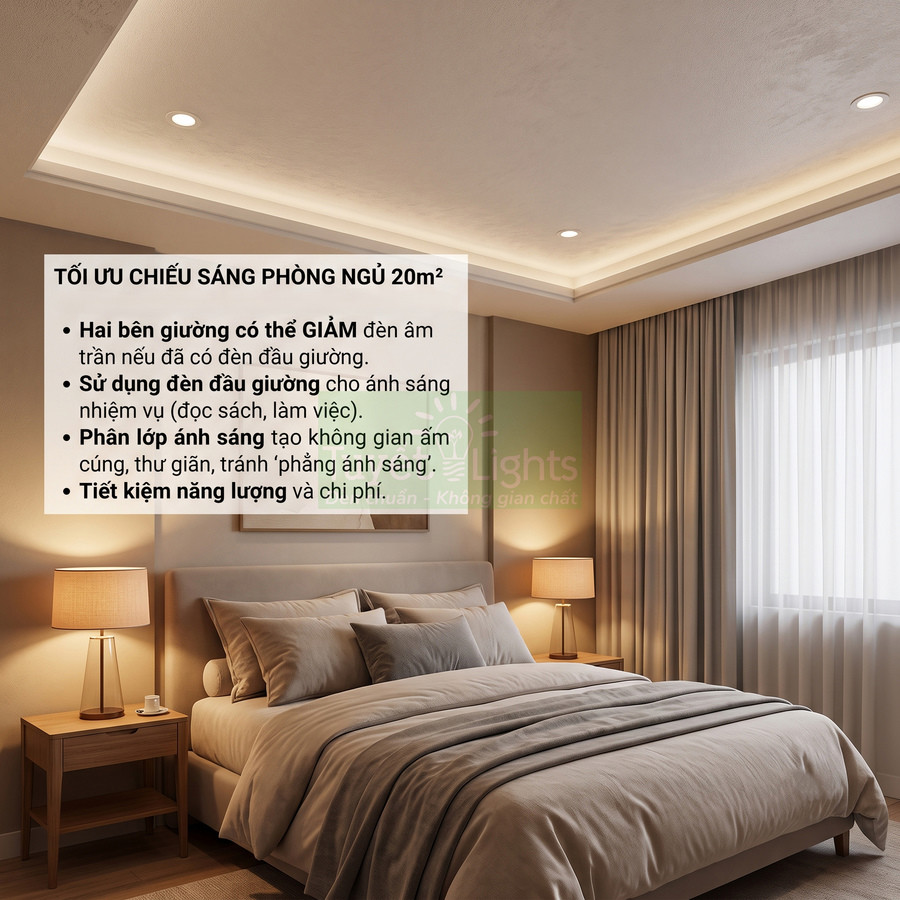 Phòng ngủ 20m2 với giường đôi, đèn ngủ và hệ thống đèn trần LED chiếu sáng ấm áp