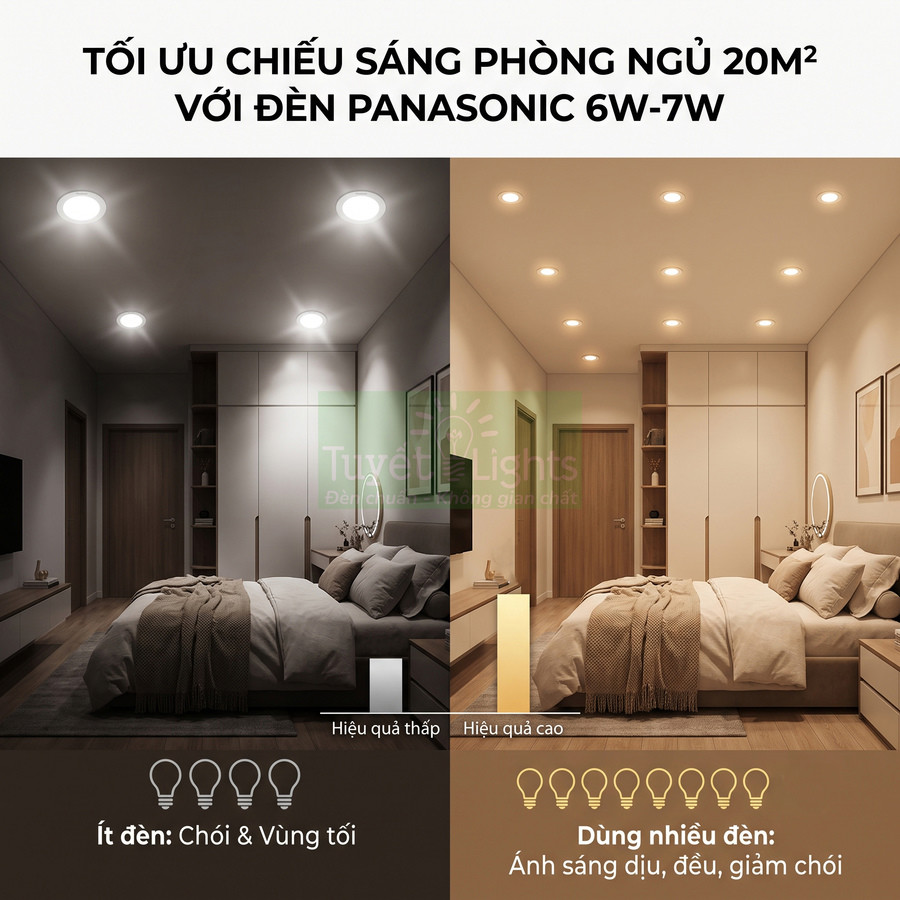 Phòng ngủ 20m2 dùng nhiều đèn âm trần Panasonic 6W 7W cho ánh sáng ấm, đều và giảm chói