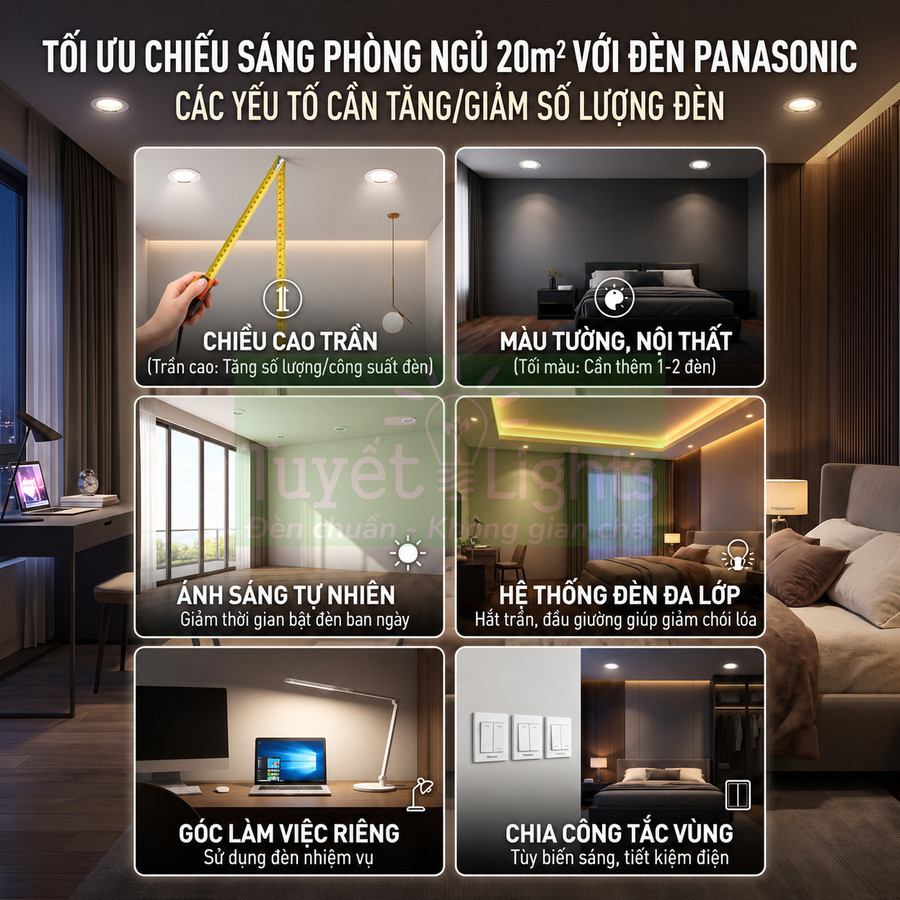 Hướng dẫn tối ưu chiếu sáng phòng ngủ 20m2 với đèn Panasonic âm trần và đèn ngủ hiện đại