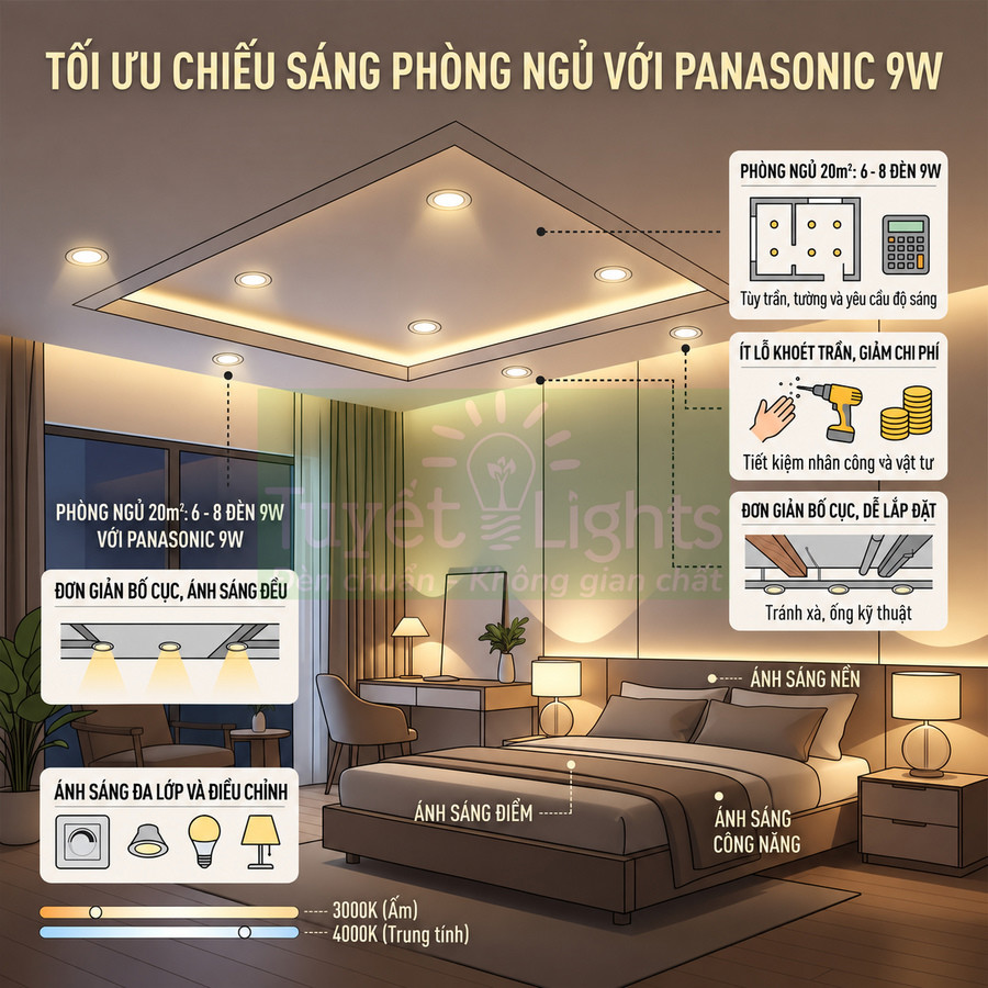 Phòng ngủ hiện đại sử dụng đèn âm trần Panasonic 9W và đèn bàn tạo ánh sáng ấm áp, bố trí chiếu sáng tối ưu