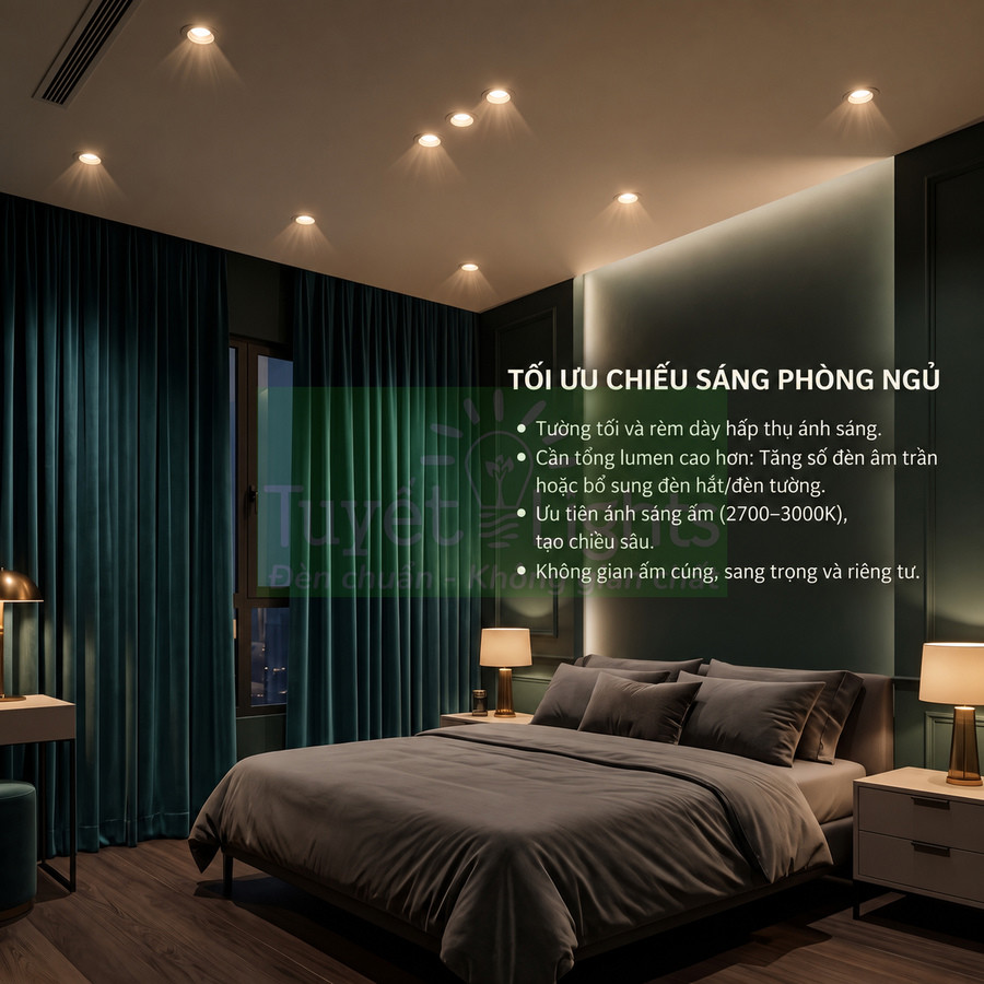 Phòng ngủ hiện đại với hệ thống đèn âm trần và đèn bàn tối ưu chiếu sáng tạo không gian ấm cúng