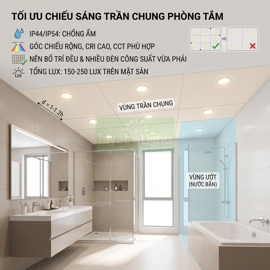 Đèn âm trần chống ẩm Tuyết Lights chiếu sáng đồng đều cho trần chung phòng tắm hiện đại