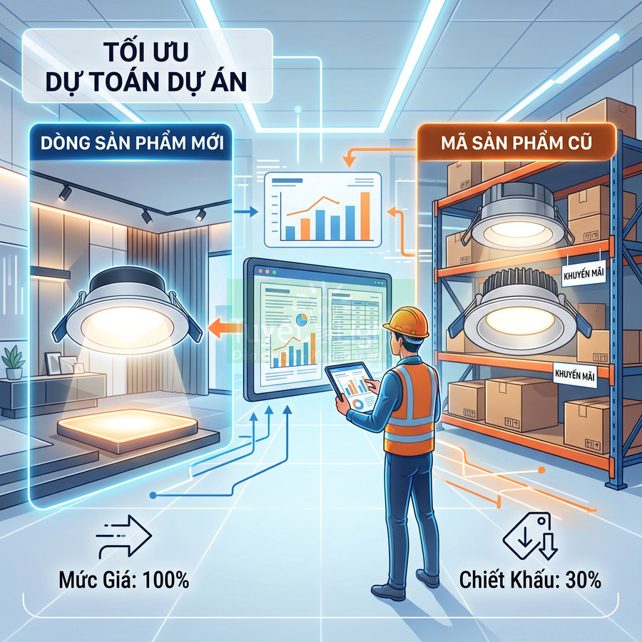 Kỹ sư tối ưu dự toán dự án chiếu sáng với đèn LED âm trần mới và đèn kho cũ đang khuyến mãi 30%
