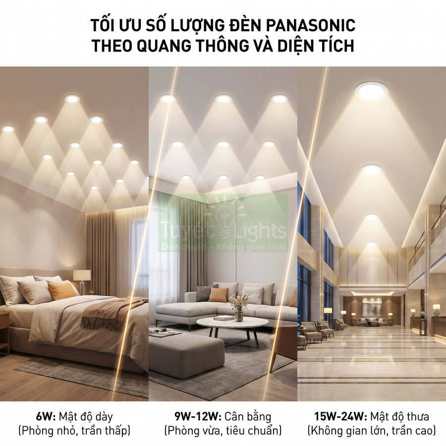Đèn âm trần Panasonic chiếu sáng phòng ngủ, phòng khách và sảnh lớn với các mức công suất khác nhau