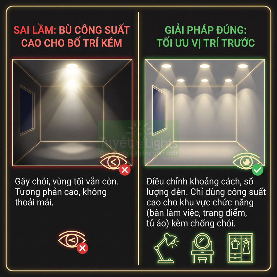 So sánh bố trí đèn trần sai và đúng, tối ưu vị trí và số lượng đèn để chiếu sáng phòng đều, chống chói
