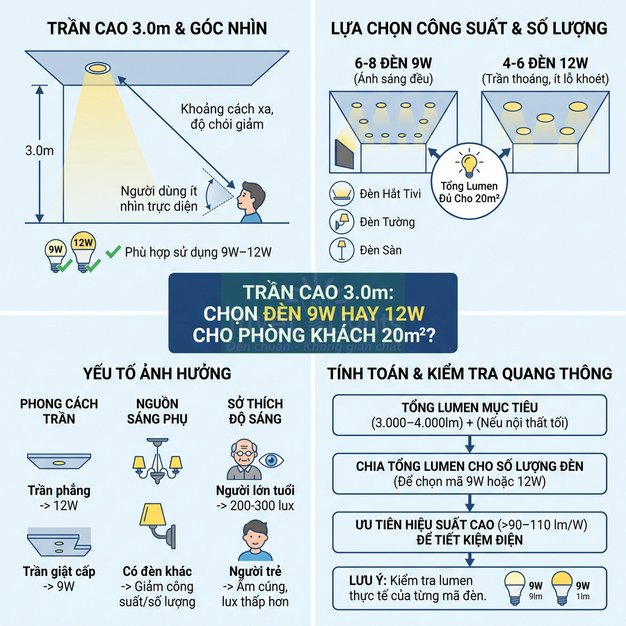 Hướng dẫn chọn số lượng và công suất đèn LED 9W 12W cho phòng khách trần cao 3m diện tích 20m2