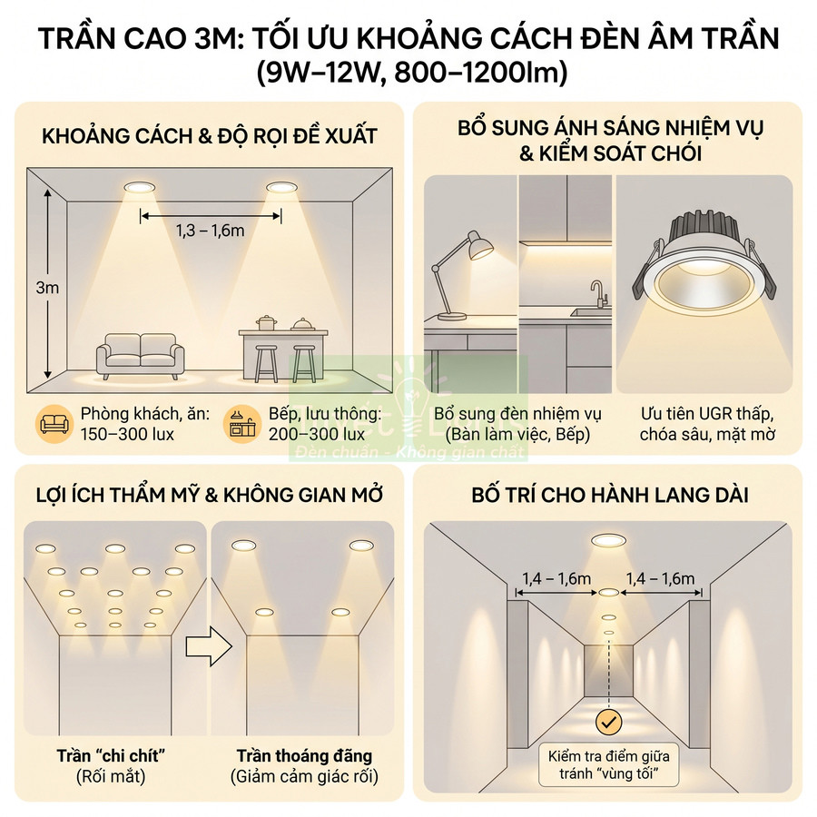 Hướng dẫn bố trí đèn âm trần 9W 12W cho trần cao 3m trong phòng khách bếp và hành lang