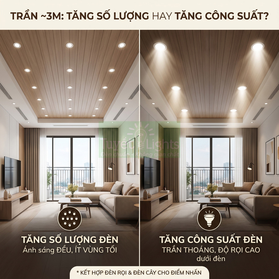 Phòng khách hiện đại với trần gỗ lắp nhiều đèn downlight LED so sánh tăng số lượng và tăng công suất chiếu sáng