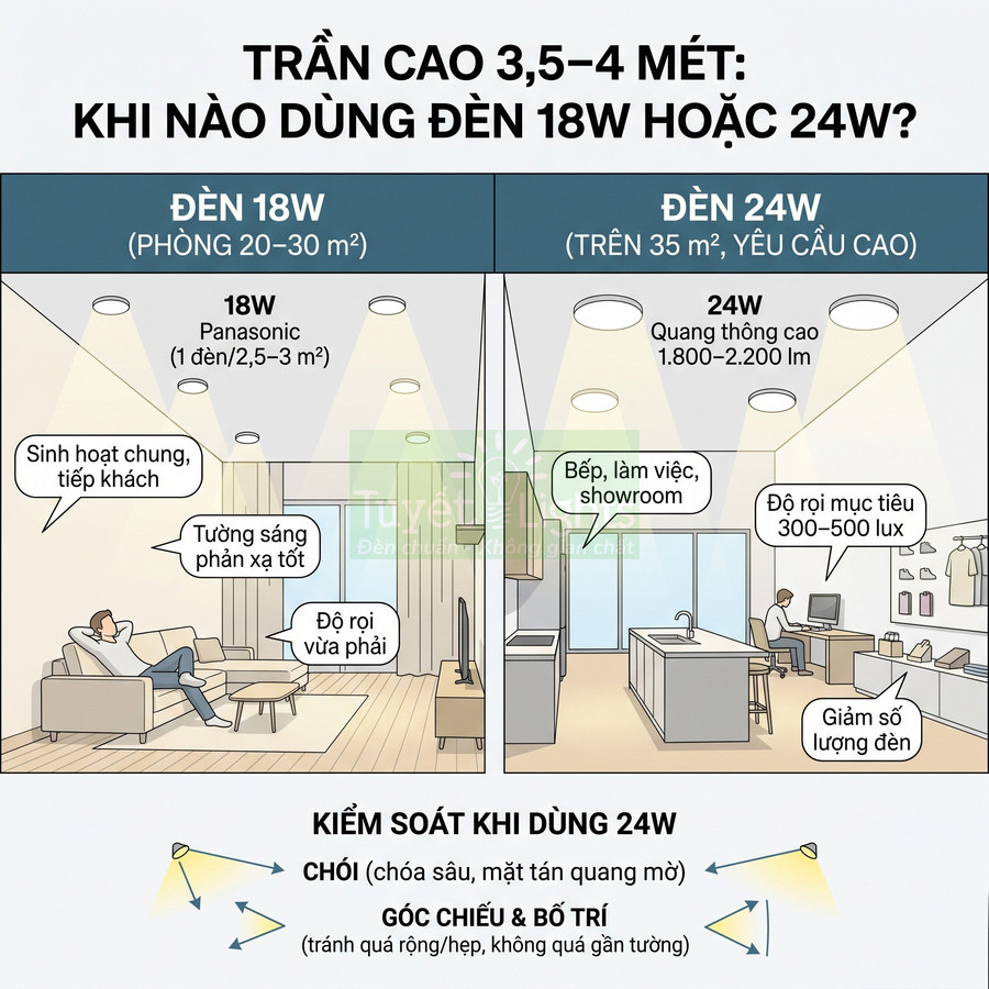 So sánh đèn LED âm trần Panasonic 18W và 24W cho trần cao 3,5–4 m trong phòng khách và bếp làm việc