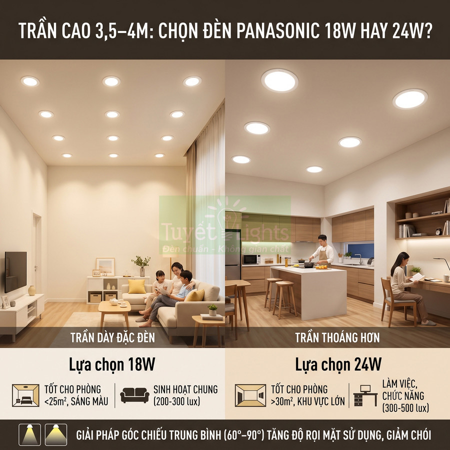 Đèn âm trần Panasonic 18W và 24W chiếu sáng phòng khách và bếp trần cao 3,5 đến 4 mét