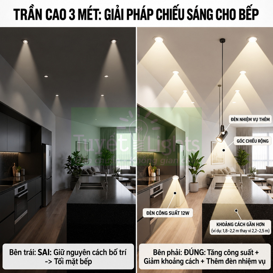 So sánh bố trí đèn âm trần và đèn nhiệm vụ cho bếp trần cao 3 mét, tối ưu ánh sáng mặt bếp