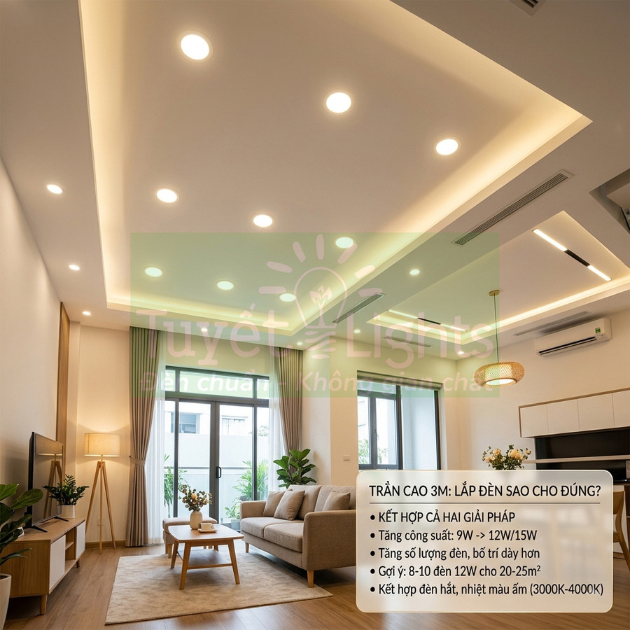 Đèn led âm trần Tuyết Lights chiếu sáng phòng khách trần cao 3m nội thất hiện đại ấm cúng