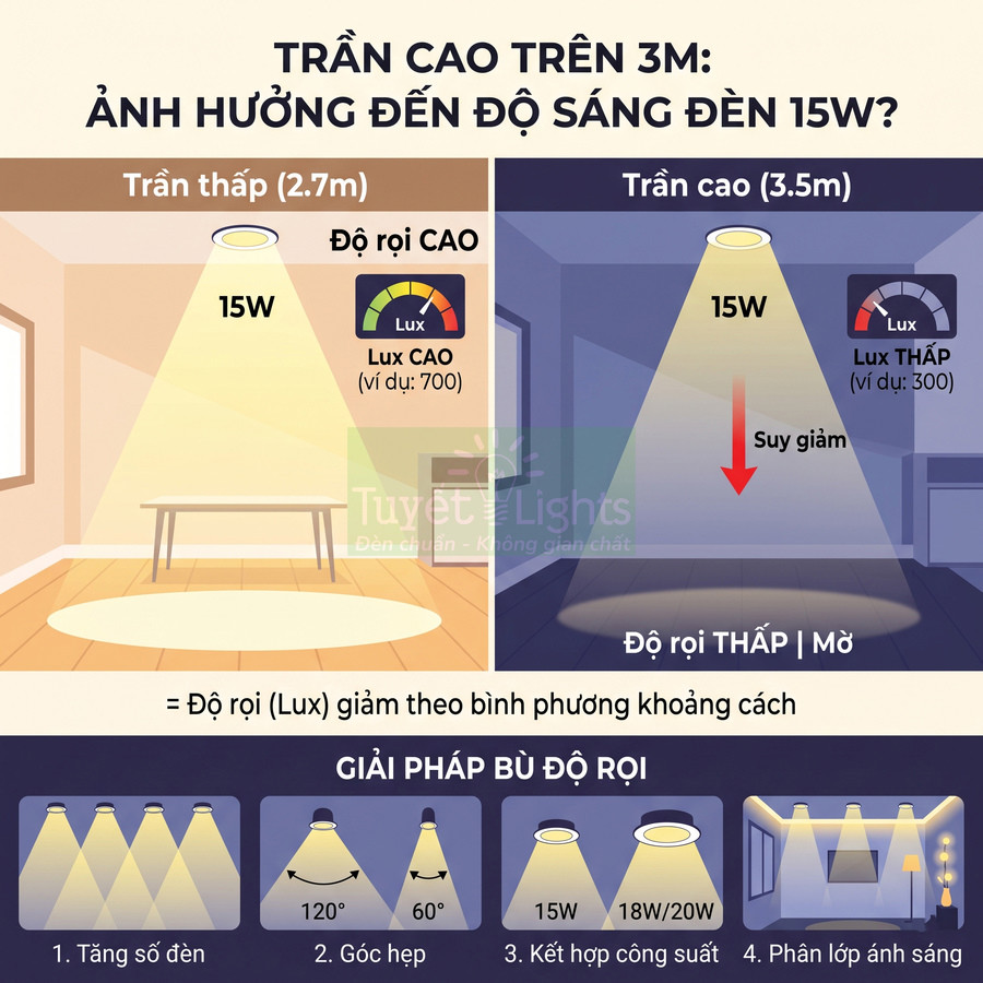 So sánh độ sáng đèn LED âm trần 15W giữa trần thấp và trần cao và các giải pháp tăng độ rọi
