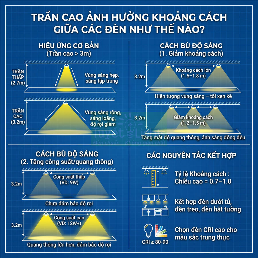 Infographic hướng dẫn chọn khoảng cách lắp đèn trần theo độ cao trần và công suất để đảm bảo độ sáng đồng đều