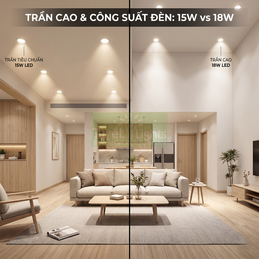 So sánh ánh sáng đèn LED 15W và 18W cho phòng khách trần cao nội thất gỗ sáng