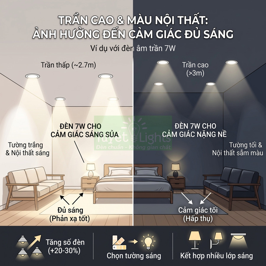 So sánh phòng khách dùng đèn âm trần 7W với tường sáng và tường tối, minh họa cảm giác đủ sáng và thiếu sáng