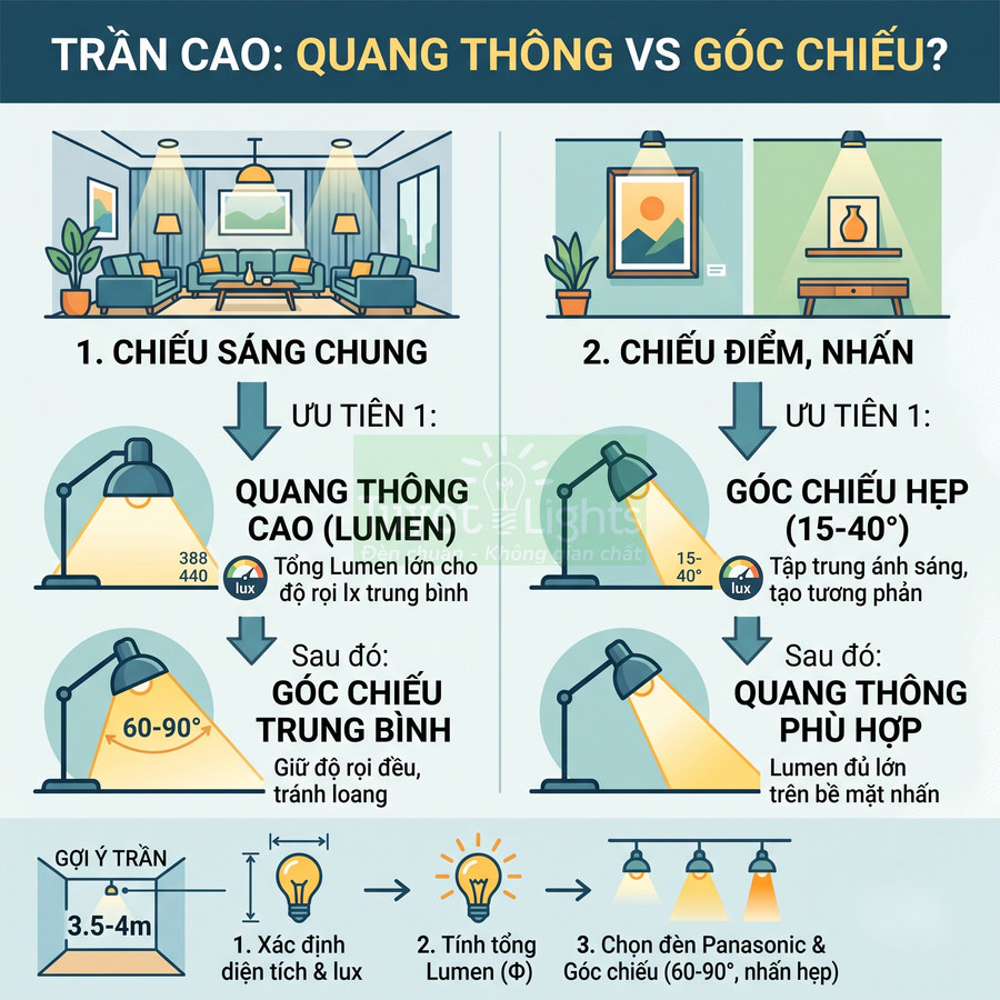 Hướng dẫn chọn đèn LED trần cao theo quang thông và góc chiếu cho chiếu sáng chung và chiếu điểm
