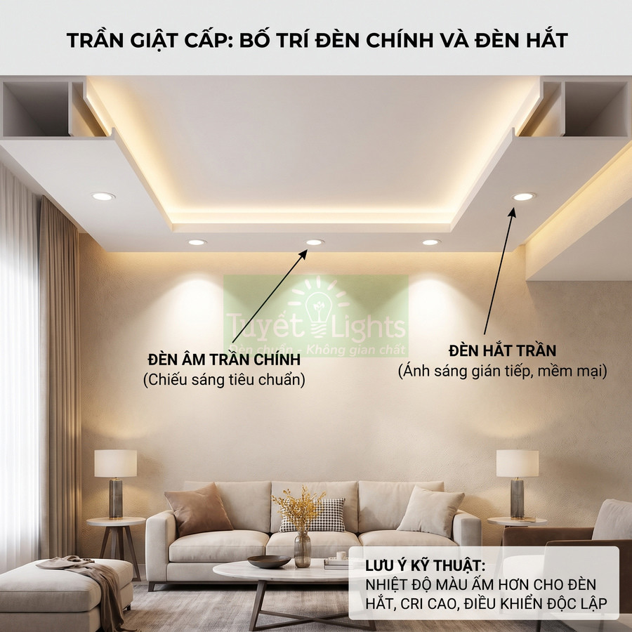 Trần giật cấp phòng khách với đèn âm trần chính và đèn hắt trần tạo ánh sáng gián tiếp mềm mại