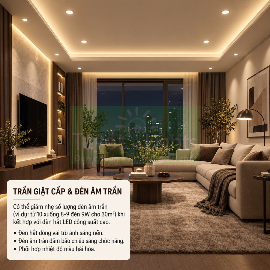 Phòng khách hiện đại sử dụng trần giật cấp và đèn LED âm trần ánh sáng vàng ấm, kết hợp đèn hắt trần sang trọng
