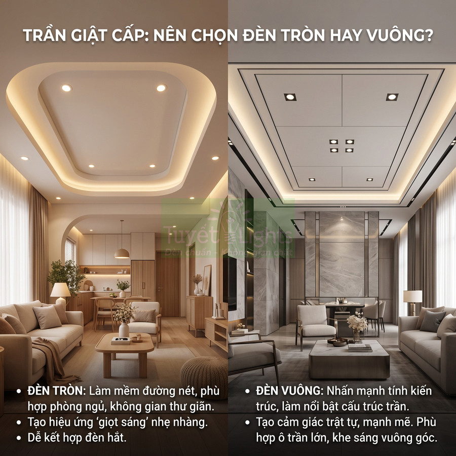 So sánh trần giật cấp dùng đèn led âm trần tròn và vuông trong phòng khách hiện đại