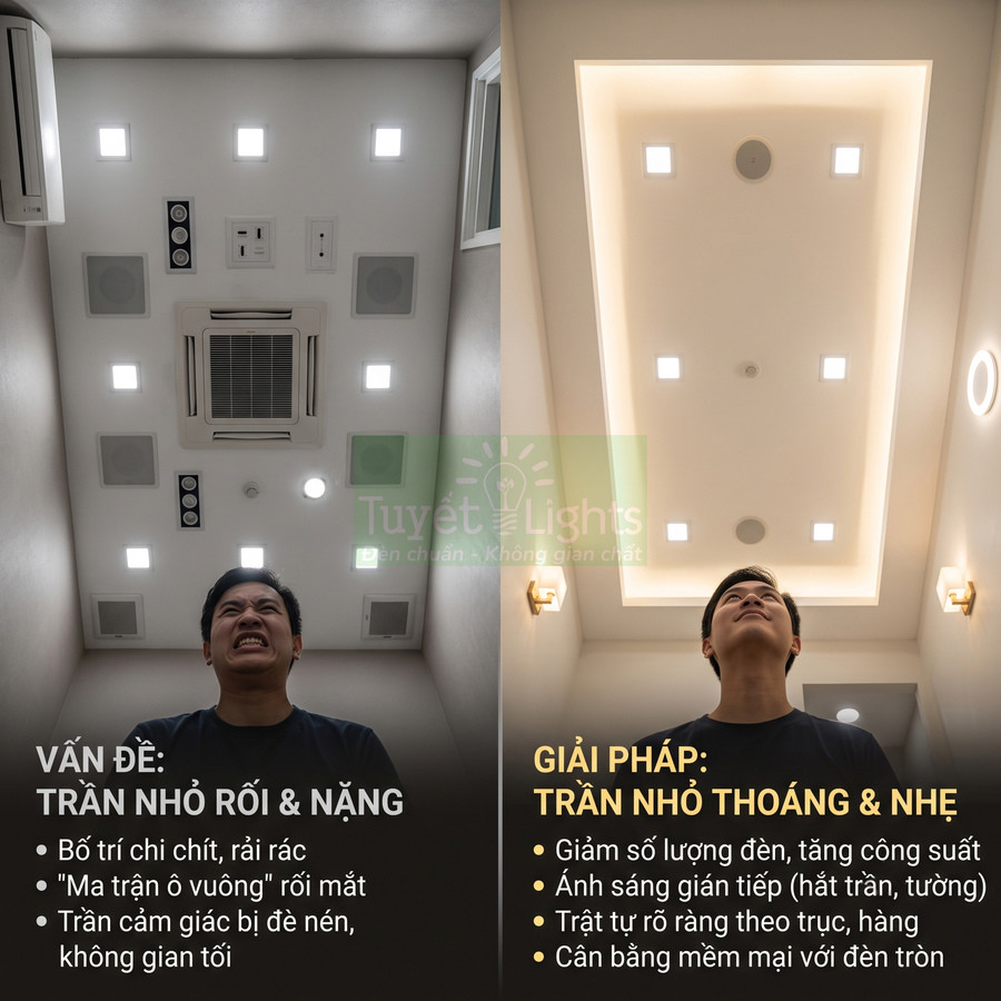 So sánh trần nhỏ lắp nhiều đèn vuông rối mắt và trần nhỏ dùng ít đèn âm trần ánh sáng gián tiếp thoáng nhẹ