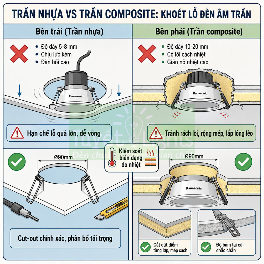 Hướng dẫn khoét lỗ lắp đèn âm trần Panasonic cho trần nhựa và trần composite, đảm bảo vừa khít và an toàn