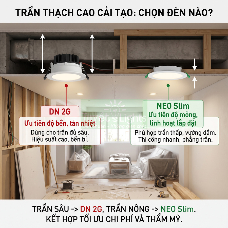 So sánh đèn âm trần DN 2G và NEO Slim cho trần thạch cao cải tạo trong phòng đang thi công