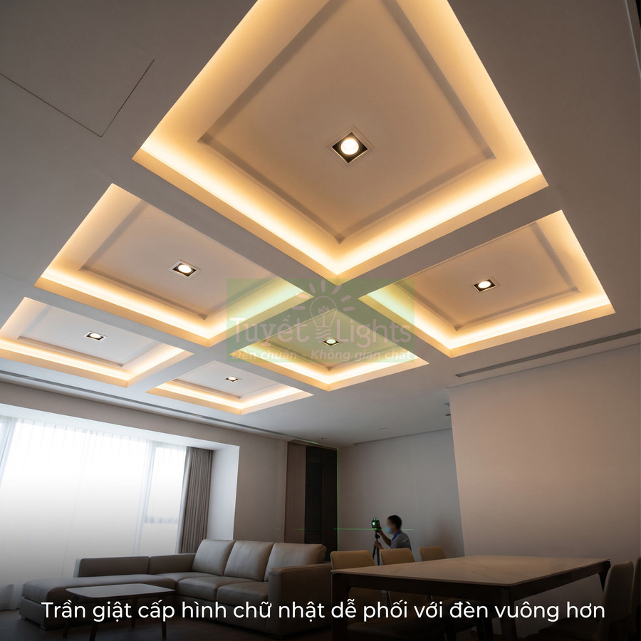 Trần giật cấp phòng khách với hệ thống đèn led âm trần vuông ánh sáng vàng hiện đại