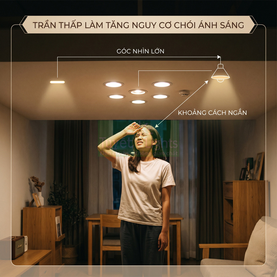 Cô gái nheo mắt khó chịu dưới ánh sáng chói từ cụm đèn âm trần trong phòng khách trần thấp