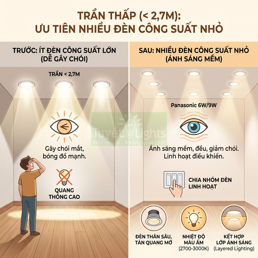 Đèn âm trần Panasonic 6W 9W cho trần thấp, ánh sáng mềm đều giảm chói, chia nhóm điều khiển linh hoạt