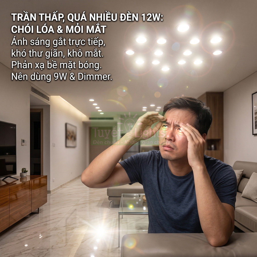 Người đàn ông nhăn mặt khó chịu vì trần nhà lắp quá nhiều đèn LED 12W gây chói lóa trong phòng khách