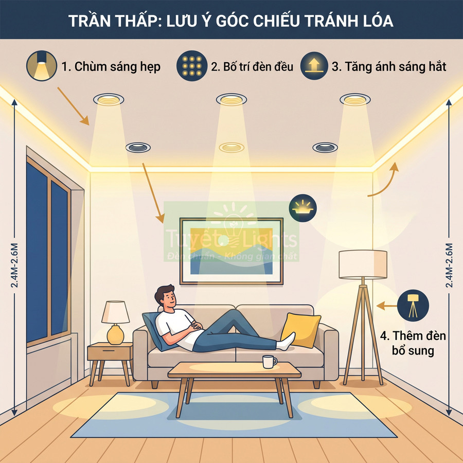 Phòng khách trần thấp bố trí đèn âm trần và đèn đứng tránh chói, tăng ánh sáng hắt dịu mắt