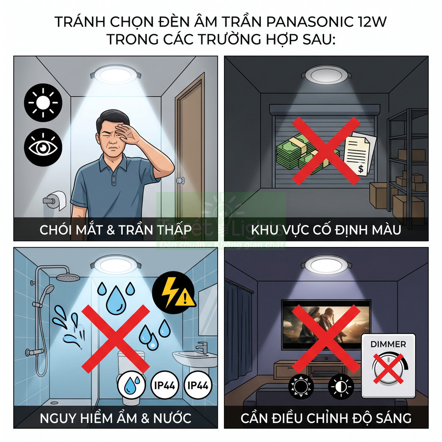 Hướng dẫn tránh lắp đèn âm trần Panasonic 12W ở trần thấp, khu vực cố định màu, nơi ẩm ướt và phòng cần dimmer