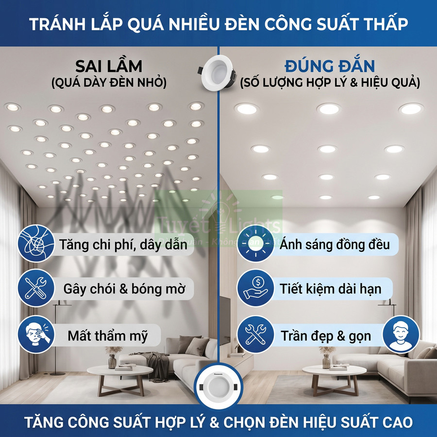 So sánh trần phòng khách dùng quá nhiều đèn âm trần công suất thấp với trần dùng ít đèn LED hiệu suất cao