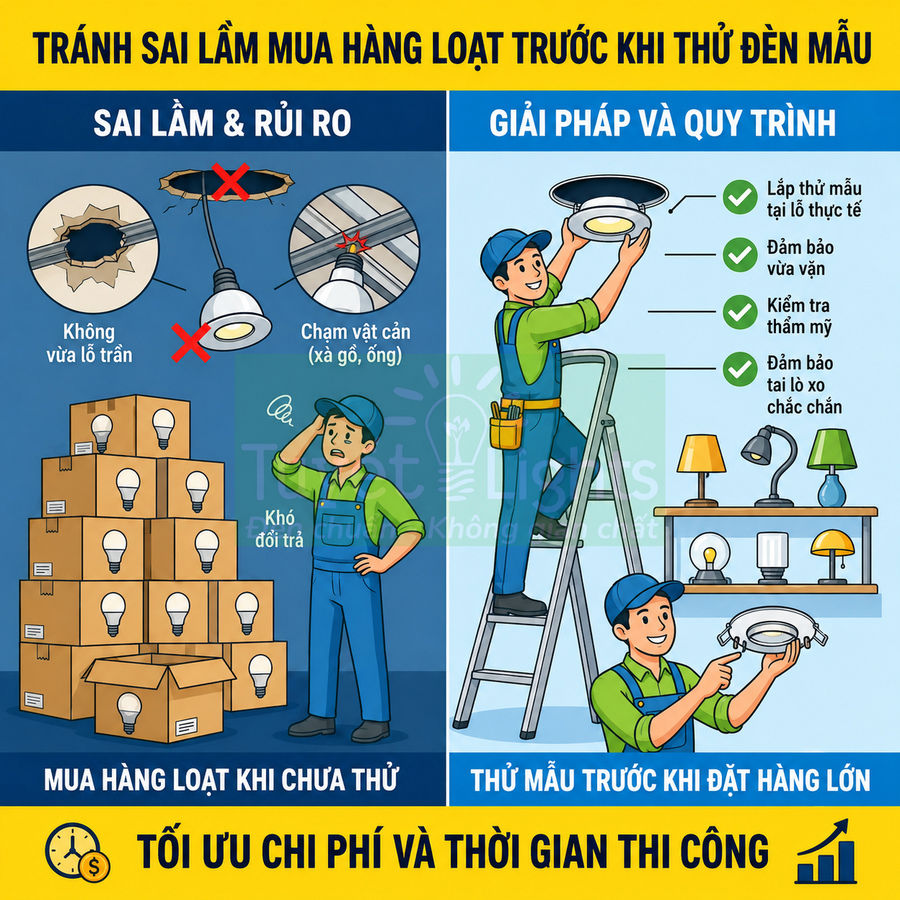 Hướng dẫn thử mẫu đèn âm trần trước khi mua số lượng lớn để tránh sai kích thước và khó lắp đặt