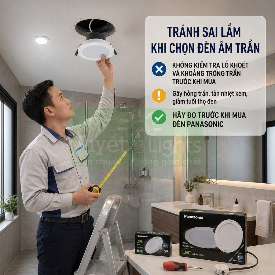 Kỹ thuật viên lắp đặt đèn âm trần LED Panasonic trong phòng tắm, đo kích thước lỗ khoét trần