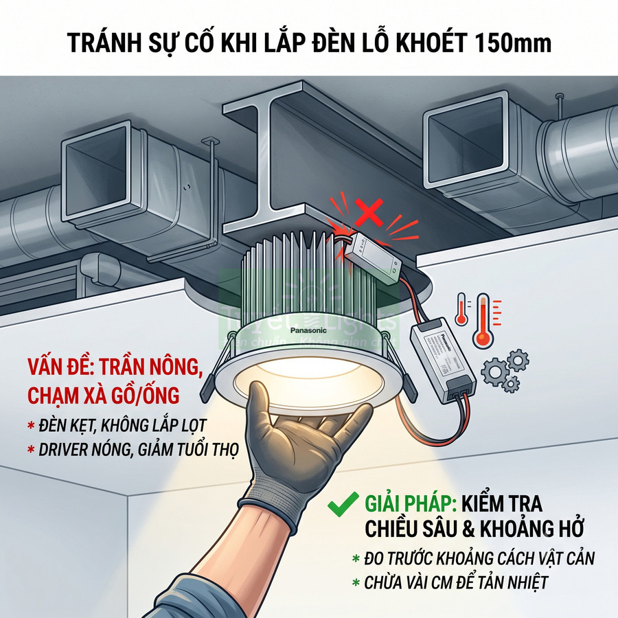 Lắp đặt đèn âm trần Panasonic lỗ khoét 150mm, kiểm tra khoảng hở trần để tránh driver chạm ống và quá nhiệt