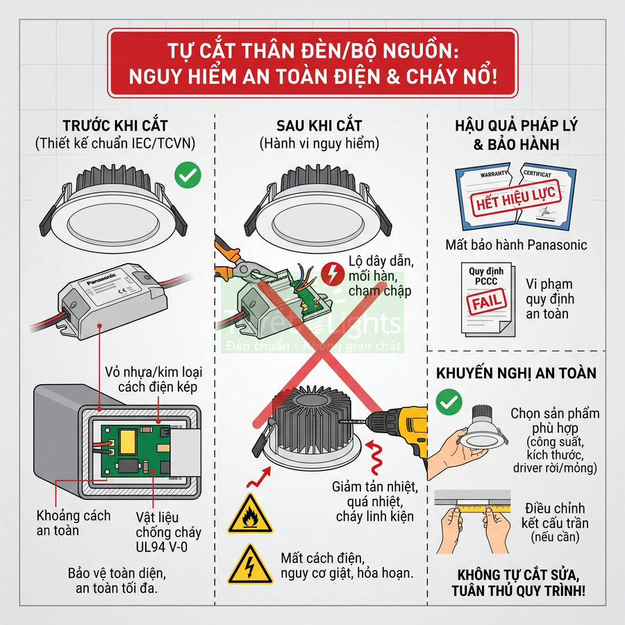 Hướng dẫn an toàn sử dụng đèn âm trần Panasonic, cảnh báo không tự cắt thân đèn và bộ nguồn tránh cháy nổ
