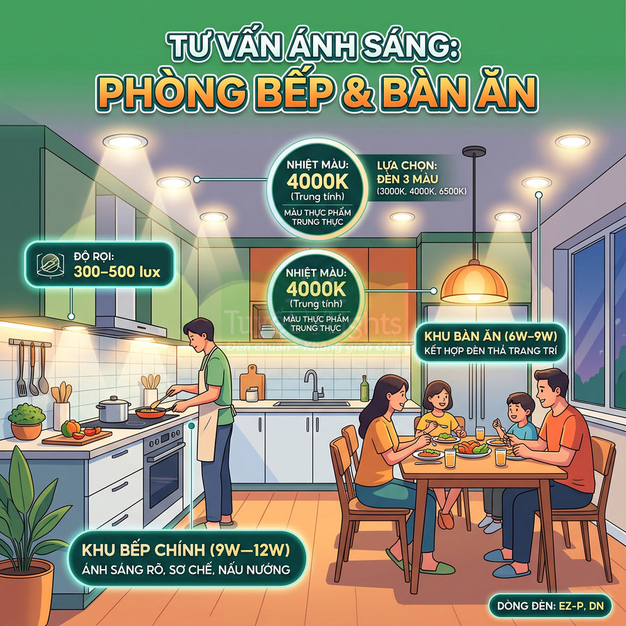Tư vấn ánh sáng phòng bếp và bàn ăn với đèn trần, đèn thả 4000K cho khu nấu nướng và bàn ăn gia đình