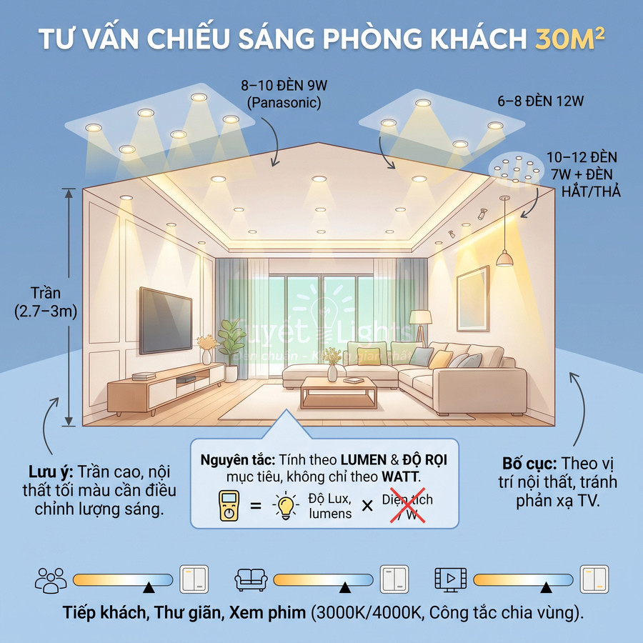 Tư vấn bố trí đèn chiếu sáng cho phòng khách 30 m² với đèn Panasonic, đèn âm trần và đèn thả trần