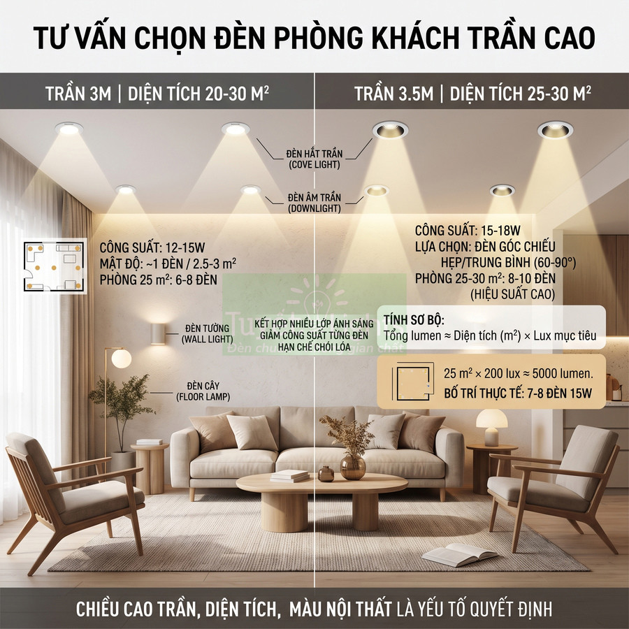 Tư vấn chọn đèn phòng khách trần cao với đèn âm trần, đèn hắt trần, đèn tường và đèn cây cho không gian 20 đến 30m2
