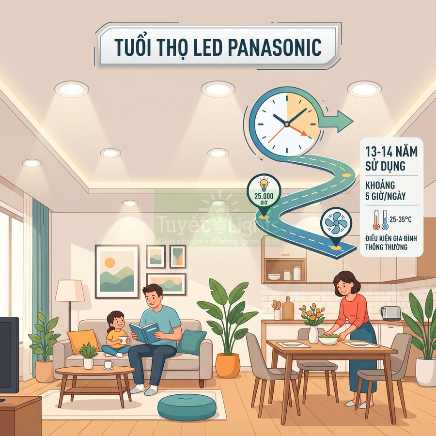 Đèn LED Panasonic âm trần chiếu sáng phòng khách gia đình, tuổi thọ 25000 giờ tương đương 13 đến 14 năm sử dụng