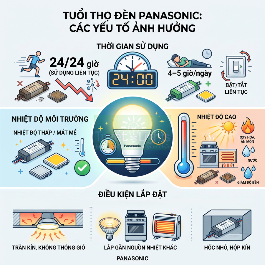 Infographic các yếu tố ảnh hưởng tuổi thọ đèn LED Panasonic như thời gian sử dụng, nhiệt độ và điều kiện lắp đặt