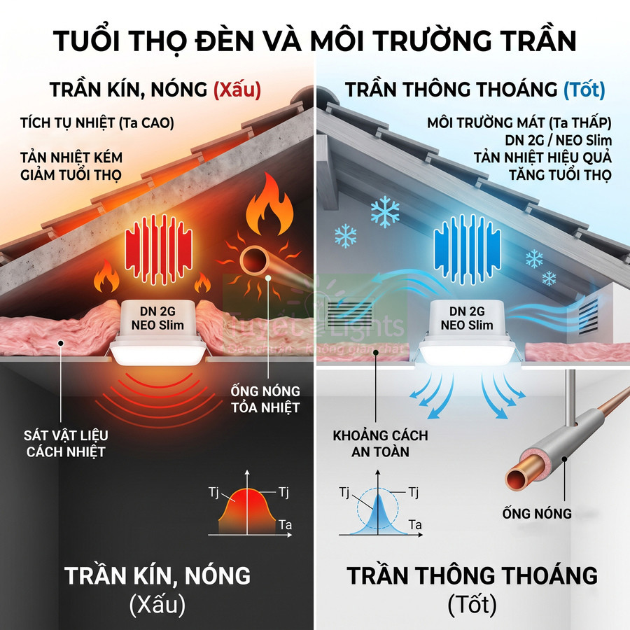 So sánh tuổi thọ đèn DN 2G NEO Slim khi lắp ở trần kín nóng và trần thông thoáng tản nhiệt tốt